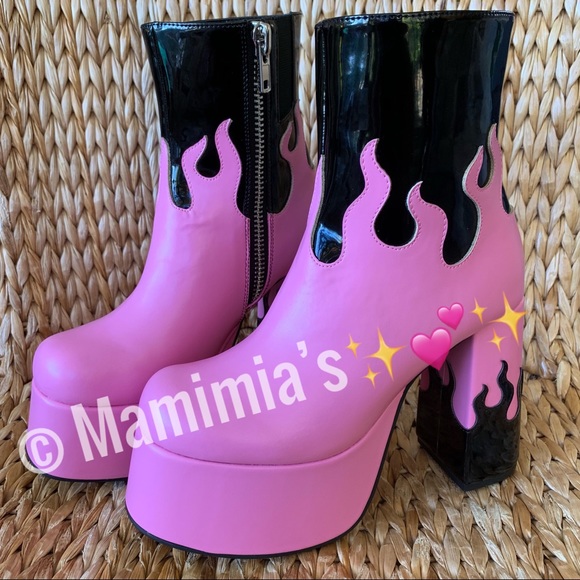 Pink n Black Patent Flame Platform Booties - Picture 3 of 8